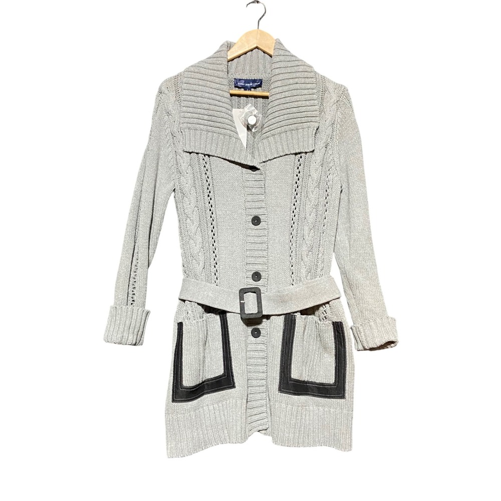 Susan Graver Style Gray Cable Knit Belted Cardigan Sweater A91307 Womens L NWOT